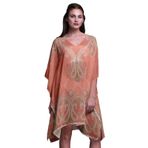 Phagun Yeşil Çiçekli ve Şal Desenli Plaj Kaftan Bikini Örtü Midi Kısa Kaftan Açık Pembe Somon Kadın Elbise
