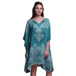 Phagun Yeşil Çiçekli ve Şal Desenli Plaj Kaftan Bikini Örtü Midi Kısa Kaftan Cam Göbeği Mavisi Kadın Elbise