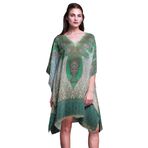 Phagun Yeşil Çiçekli ve Şal Desenli Plaj Kaftan Bikini Örtü Midi Kısa Kaftan Deniz Yeşili Kadın Elbise