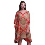Phagun Yeşil Çiçekli ve Şal Desenli Plaj Kaftan Bikini Örtü Midi Kısa Kaftan Koyu Şeftali Kadın Elbise