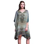 Phagun Yeşil Çiçekli ve Şal Desenli Plaj Kaftan Bikini Örtü Midi Kısa Kaftan Nane Yeşili Kadın Elbise