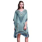 Phagun Yeşil Tribal Afrikalı Kaftan Tatil Ev Kıyafeti Midi Plaj Örtüsü Açık Mavi Kadın Elbise