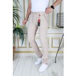 PHANTOM JEANS Erkek Krem Slim Fit Esnek Likralı Armürlü Keten Pantolon Bağcıklı Kemerli Beli Lastikli Şık Pantolon