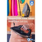 Philips 3200W Güçlü Performans Steamglide Elite 7500 Serisi 260G Şok Buhar 55G/DK Sürekli Buhar Taban Ütü - Mavi