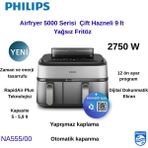 Philips Airfryer 5000 Serisi NA555/00 Çift Hazneli 9 Lt Yağsız Fritöz+Hassas Mutfak Tartısı Hediye - Koyu Inox