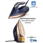 Philips Azur 8000 Serisi 3000W Güçlü Buharlı Ütü, Optimaltemp Teknolojisi ile Sıfır Yanık Garantisi, 260G Şok Buhar ve Akıllı Sensörlü Kireç Önleyici Sistem - Lacivert