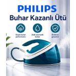 Philips Kompakt Mavi Gövdeli Buhar Kazanlı Ütü, 6 Bar Basınç, 360 G Şok Buhar, 1,3 L Su Haznesi, Pratik Kullanım ve Güçlü Kırışıklık Açma Performansı Yoğun Ütü Temposunda Zamandan Tasarruf Isteyen