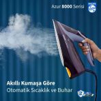 Philips Optimaltemp Akıllı Kumaşa Göre Isı Ayarlı Azur 8000 Serisi 240G Şok Buhar 55G/Dk Sürekli Buhar 3000W Kumaşa Göre Isı Ayarlayan Elite Taban Ütü Isı Sıf