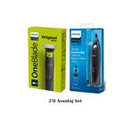 Philips QP2724/10 Oneblade Yüz Şekillendirici, NT1650 Burun/kulak Kıl, Tüy Temizleme 2'li Avantaj Set