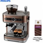 Philips Yarı Otomatik Espresso Makinesi, Çift Çekirdek Hazneli Öğütücülü Yapı, 58 mm Portafiltre, Buhar Çubuğu ve Ev Tipi Barista Deneyimi Yüksek Performans, Kompakt Tasarım, Kolay Temizlik ve Keyifli Günlü - Altın - Siyah