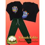 Pidal Giyim Avantajlı Üçlü Paket Canavar Temalı Pamuklu Uzun Kollu Unisex Çocuk Eşofman Takımı - 7 - 8 Yaş - Siyah - Nefti Yeşili