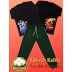 Pidal Giyim Avantajlı Üçlü Paket Sevimli Canavar Temalı Pamuklu Uzun Kollu Unisex Çocuk Eşofman Takımı - 7 - 8 Yaş - Siyah - Nefti Yeşili