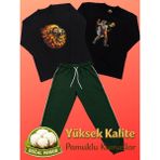 Pidal Giyim Avantajlı Üçlü Paket Sportif Temalı Pamuklu Uzun Kollu Erkek Çocuk Eşofman Takımı - 7 - 8 Yaş - Siyah - Nefti Yeşili