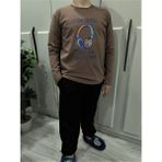 Pidal Giyim Renkli Kulaklık Baskılı Uzun Kollu Unisex Çocuk Eşofman Takımı - 9 - 10 Yaş - Sütlü Kahve - Siyah