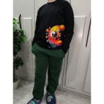 Pidal Giyim Sevimli Canavar Baskılı Pamuklu Uzun Kollu Unisex Çocuk Eşofman Takımı - 11 - 12 Yaş - Siyah - Nefti Yeşili