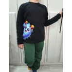 Pidal Giyim Sevimli Renkli Canavar Baskılı Pamuklu Uzun Kollu Unisex Çocuk Eşofman Takımı - 7 - 8 Yaş - Siyah - Nefti Yeşili