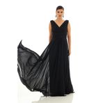 Pierre Cardin Carmen Siyah Şifon V Yaka Uzun Abiye Elbise