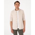 Pierre Cardin Erkek Bej Keten Görünümlü Slim Fit Uzun Kollu Gömlek 50307025-VR011 - 3XL
