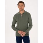 Pierre Cardin Erkek Duman Slim Fit Polo Yaka Fermuarlı Triko Kazak 50317398-VR210 - Yeşil - 3XL