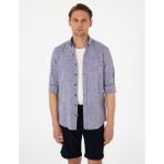 Pierre Cardin Erkek Lacivert Keten Görünümlü Slim Fit Uzun Kollu Gömlek 50307025-VR033 - 2XL