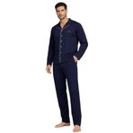 Pierre Cardin Erkek Pijama Takımı,%100 Pamuk, Uzun Kollu, Boydan Düğmeli, Lacivert, XL