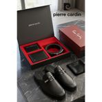 Pierre Cardin Erkek Siyah 4'lü Hediye & Damat Çeyiz Seti - %100 Hakiki Deri Kemer, Dikey Cüzdan, Kartlık Ve Deri Terlik