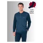 Pierre Cardin Erkek%100 Pamuklu Yarım Patlı Uzun Kol Jakarlı Pijama Takımı, Koyu Saks, L, Çorap Hediyeli