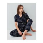 Pierre Cardin Kadın Düğmeli Kısa Kollu Pijama Takımı, Çizgili Desen, Pamuk Modal, Lacivert, S Beden