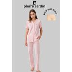 Pierre Cardin Kadın Pembe Çizgili Pijama Takımı, Full Önden Düğümeli, Modal Şort Hediyeli, XL