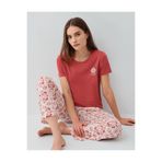 Pierre Cardin Kadın Pijama Takımı, Kısa Kollu Bisiklet Yaka, Desenli Uzun Pantolon, Bordo, S