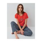 Pierre Cardin Kadın Pijama Takımı, Kısa Kollu, Desenli Uzun Alt,%50 Modal%50 Pamuk, Kırmızı, 3XL