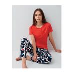 Pierre Cardin Kadın Pijama Takımı, Kısa Kollu, Uzun Paça, Yarım Düğmeli,%50 Pamuk Modal, Kırmızı, S