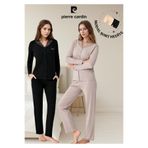 Pierre Cardin Kadın Pijama Takımı, Uzun Kol Pamuklu & Modal Gömlek, Modal Şort Hediyeli, Vizon - Siyah, XL