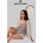 Pierre Cardin Kadın Pijama Takımı, Vizon Çizgili, Sabahlıklı Şortlu, Modal Şort Hediyeli, M Beden