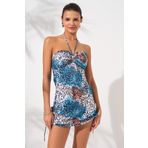 Pierre Cardin Mavi Leopar Desenli Jersey Soft Boyundan Bağlı Drapeli Pedli Elbise Etek Mayo Fırfırlı Straplez