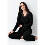 pierre cardin paris Pierre Cardin Dantel Yaka Düğmeli Pijama Takım, S, PCK9116, Siyah, kadın