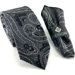 Pierroni Siyah Gri Şal Desenli Microfiber Kumaş Mendilli Kravat Renkli Şıklık