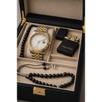 pierrose Gold Silver Çelik Kordon Erkek Saat Seti Tesbih Bileklik İsme Özel Çakmak