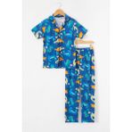 Pija Kids Indigo Dinozor Baskılı Düğmeli Erkek Çocuk Kısa Kol Pijama Takımı 18692 - 5 - 6 Yaş