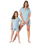 Pijama Pazarı 3344 Anne & Kız Çocuk Çizgili Kısa Kollu Kollu Gömlek Yaka Şort Takım Mavi Mavi S