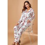 Pijama Pazarı 5654X Kadın Büyük Beden Saten Önden Düğmeli Uzun Kollu Pijama Takımı-Ekru EKRU 3XL