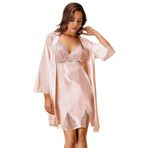 Pijama Pazarı DANTELLİ KADIN SATEN İP ASKILI GECELİK SABAHLIK TAKIM NURTEKS5325 PUDRA S