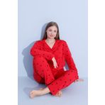 pijamacity Büyük Beden Kadın Uzun Kollu Pamuklu Önden Düğmeli Biyeli Pijama Takımı