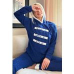 Pijamaevi 2403 Lacivert Three Line Desenli Kapşonlu Peluş Polar Pijama Takımı