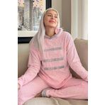 Pijamaevi 2403 Toz Pembe Three Line Desenli Kapşonlu Peluş Polar Pijama Takımı