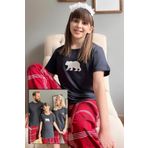 Pijamaevi Lacivert Bear Kısa Kol Anne Kız Aile Pijaması Çocuk Takımı
