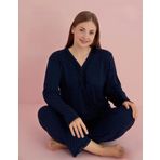 Pijamerry Kadın Büyük Beden Dantel Yaka Bambu Uzun Kol Pijama Takımı 5075 - 1 Adet Lacivert-4XL