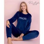 Pijamerry Kadın Kışlık Bisiklet Yaka Kadife Pijama Takımı 3017L - 1 Adet Lacivert-S