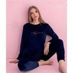 Pijamerry Kadın Kışlık Bisiklet Yaka Kadife Pijama Takımı 3037L - 1 Adet Lacivert-S