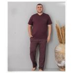Pijamoni Erkek Battal Düğme Yaka Penye Kısa Kol Pijama Takımı 6730/2 - 1 Adet 5Xl Mürdüm